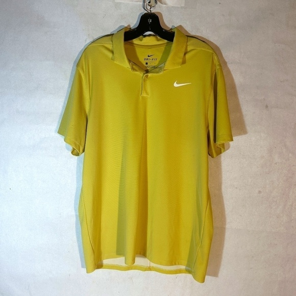 NIKE Dri Fit Athletic Activewear Yellow White Button Up Polo Golf Tee Top - Picture 1 of 7